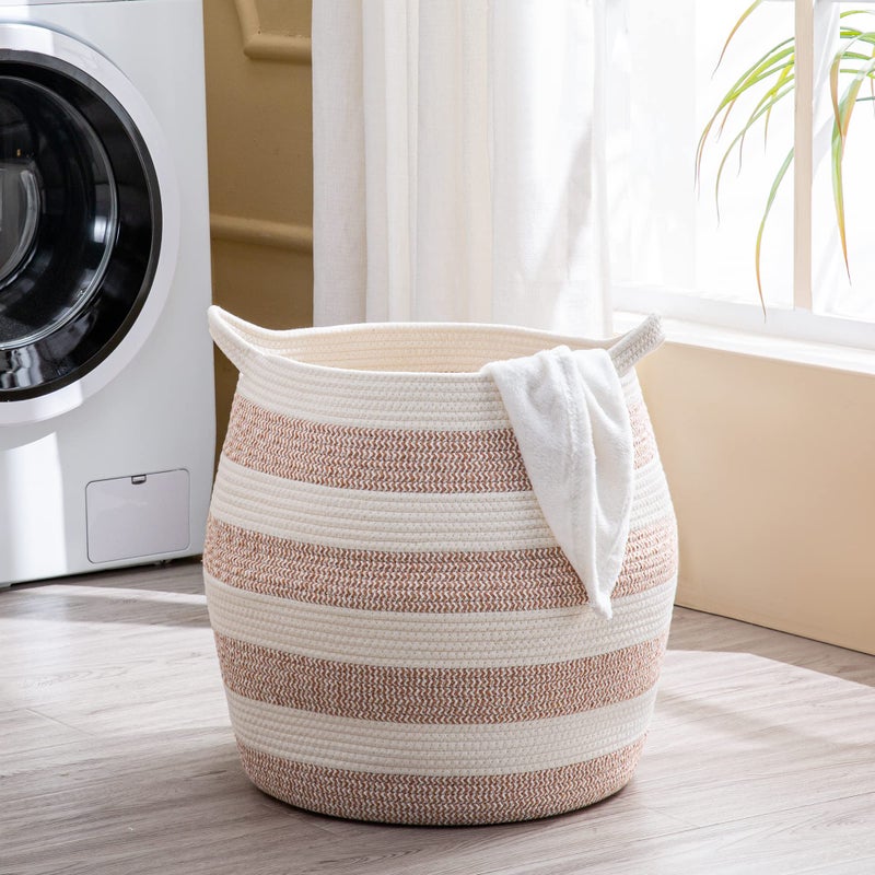 KAKAMAY Woven Baskets for Storage(17""x17"") Large Cotton Rope Woven Baby Laundry Hamper Collapsible Laundry Basket  Blanket Basket for Organizing Living Room Nursery Pillows Toy Chest(Rose) - Image 3